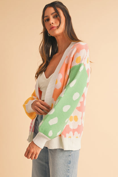 Orange Flower & Dotted Print Colorblock Open Front Cardigan