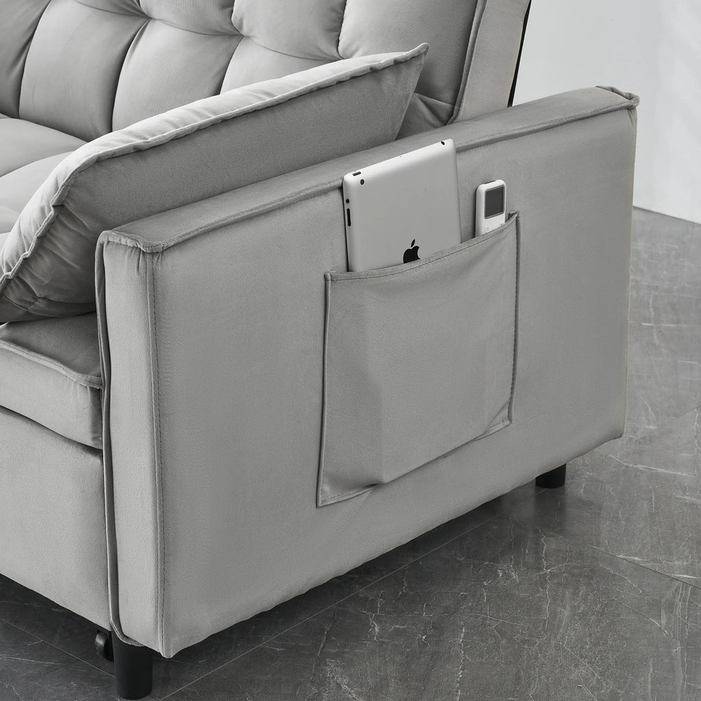 Modern Velvet Loveseat Futon Sofa Couch Pullout Bed, Small Love Seat Lounge Sofa w/Reclining Backrest, Toss Pillows, Pockets, Furniture for Living Room,3 in 1 Convertible Sleeper Sofa Bed, Gra - Eloy Royal