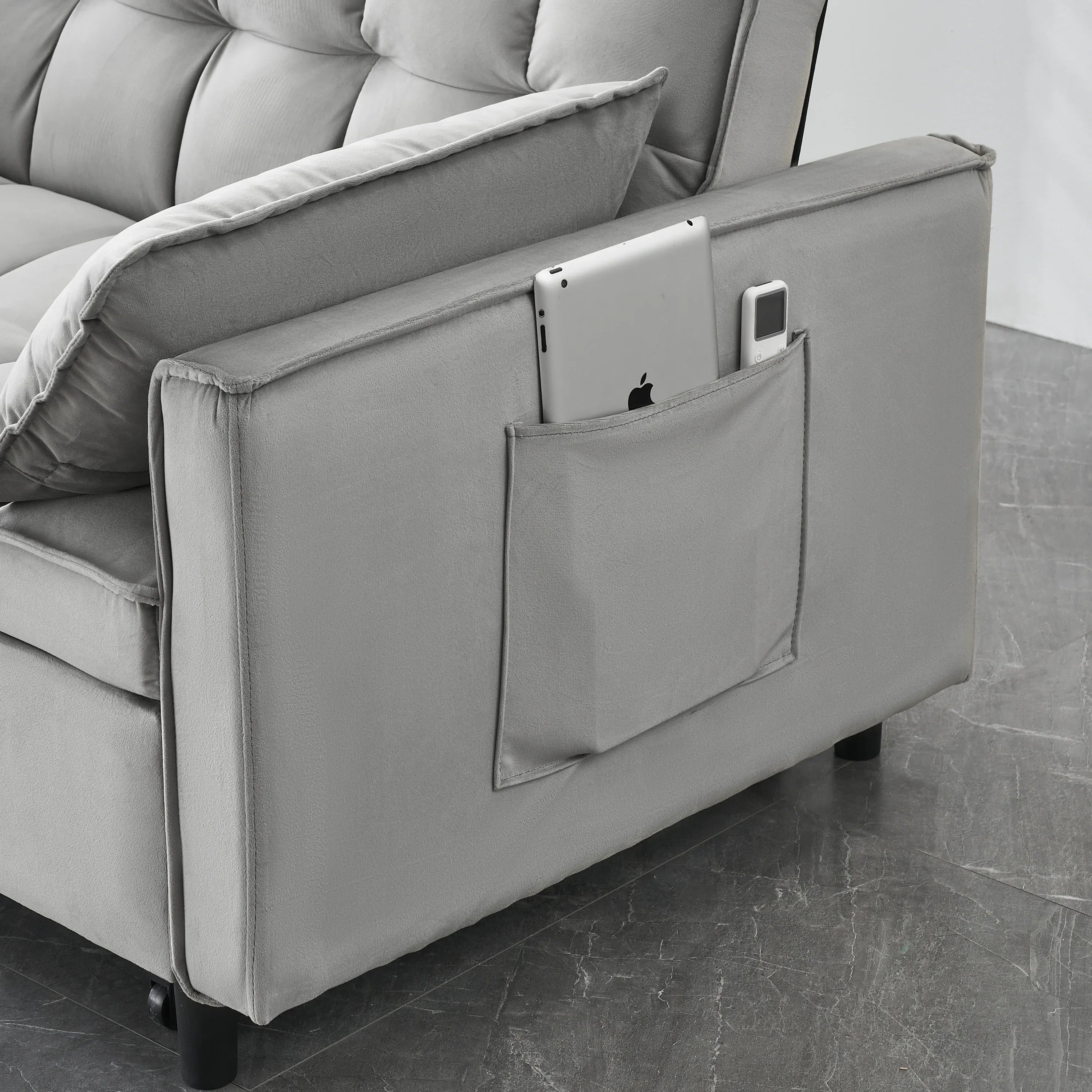 Modern Velvet Loveseat Futon Sofa Couch Pullout Bed, Small Love Seat Lounge Sofa w/Reclining Backrest, Toss Pillows, Pockets, Furniture for Living Room,3 in 1 Convertible Sleeper Sofa Bed, Gra - Eloy Royal