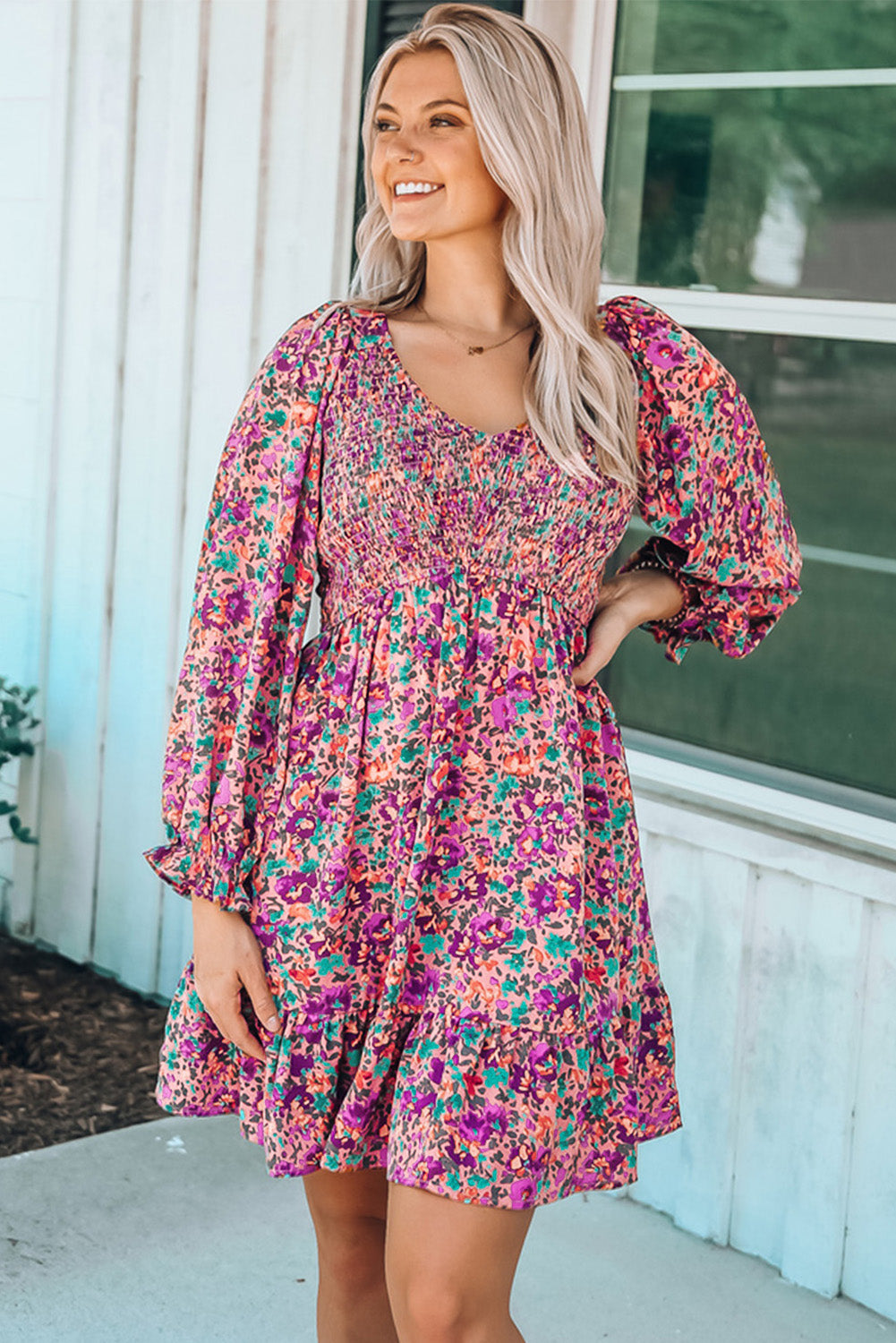 Purple Floral Print Long Sleeve Flounce Hem V Neck Smocked Dress - Eloy Royal