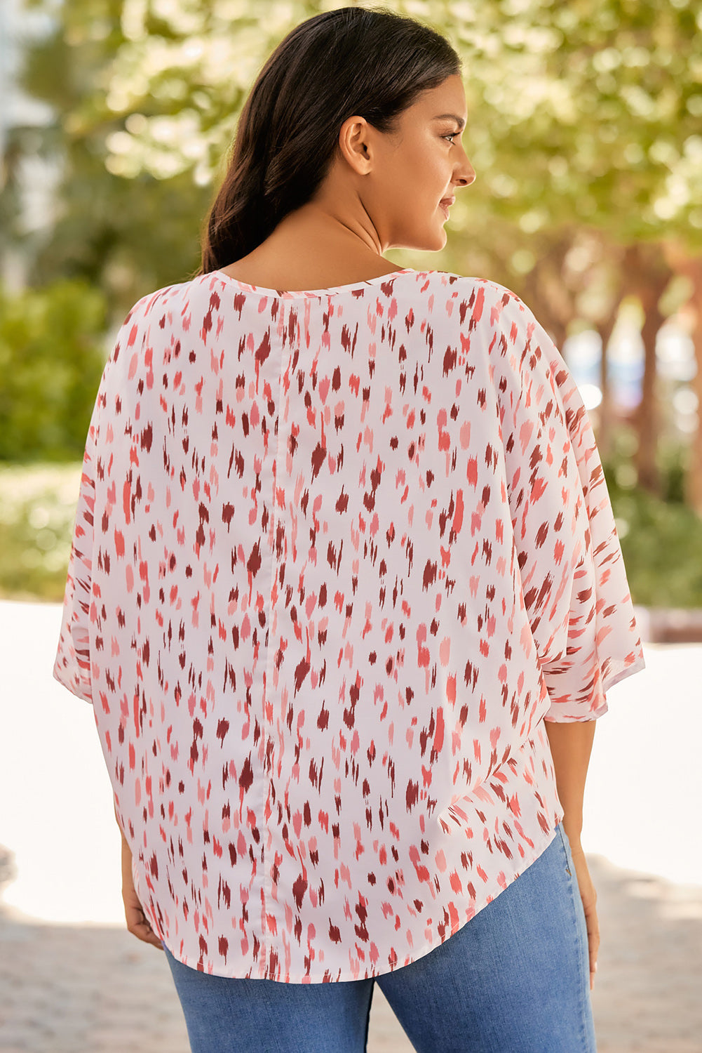 Pink Elegant Polka Dots 3/4 Dolman Sleeve Plus Size Blouse - Eloy Royal