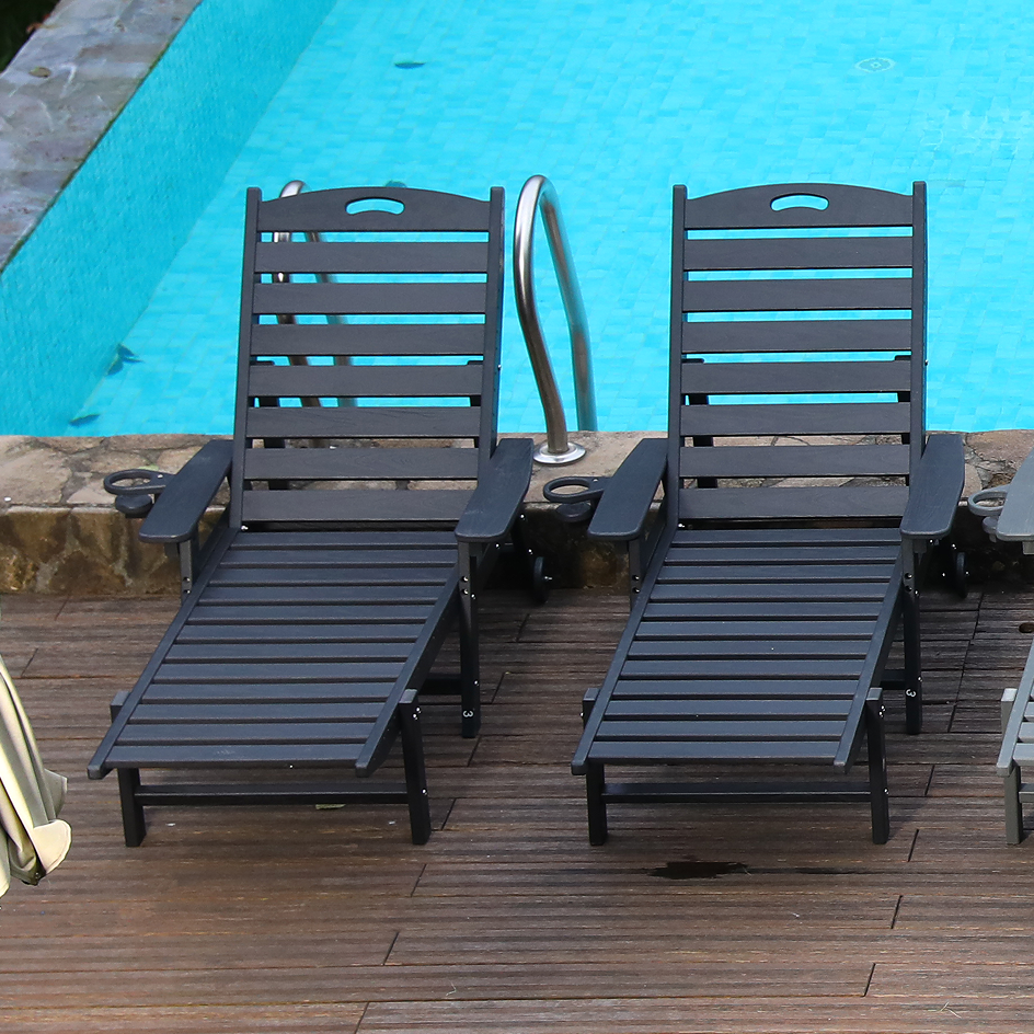 HDPE Outdoor Leisure Lounge Chair Set of Two with Four-Way Adjustable Backrest, 73 Inches Long, with Wheels and Cup Holder, Suitable for Garden, Poolside, and Beach (Black)