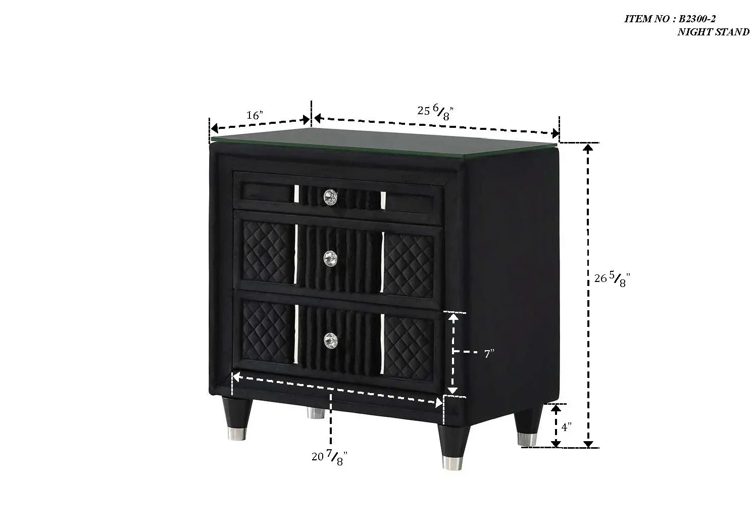 Contemporary 1pc Nightstand Black Velvet Upholstery Textured Look Luxurious Feel Velvet Drawer Fronts Crystal-style Knobs - Eloy Royal