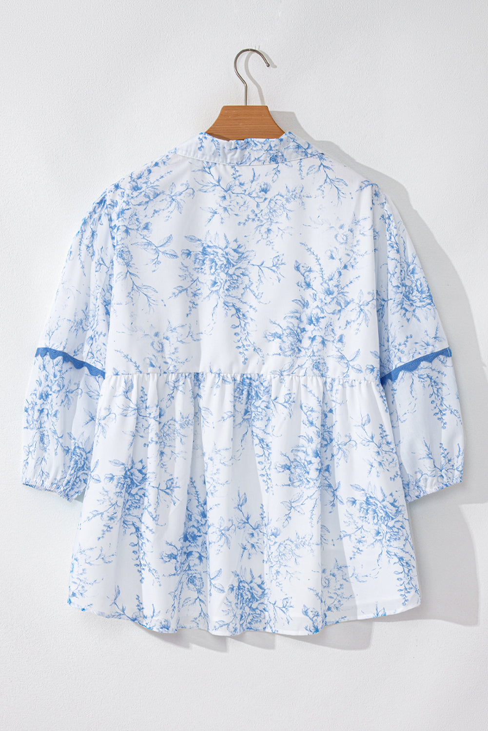 Sky Blue Floral 3/4 Sleeve Lace-up Collar Blouse