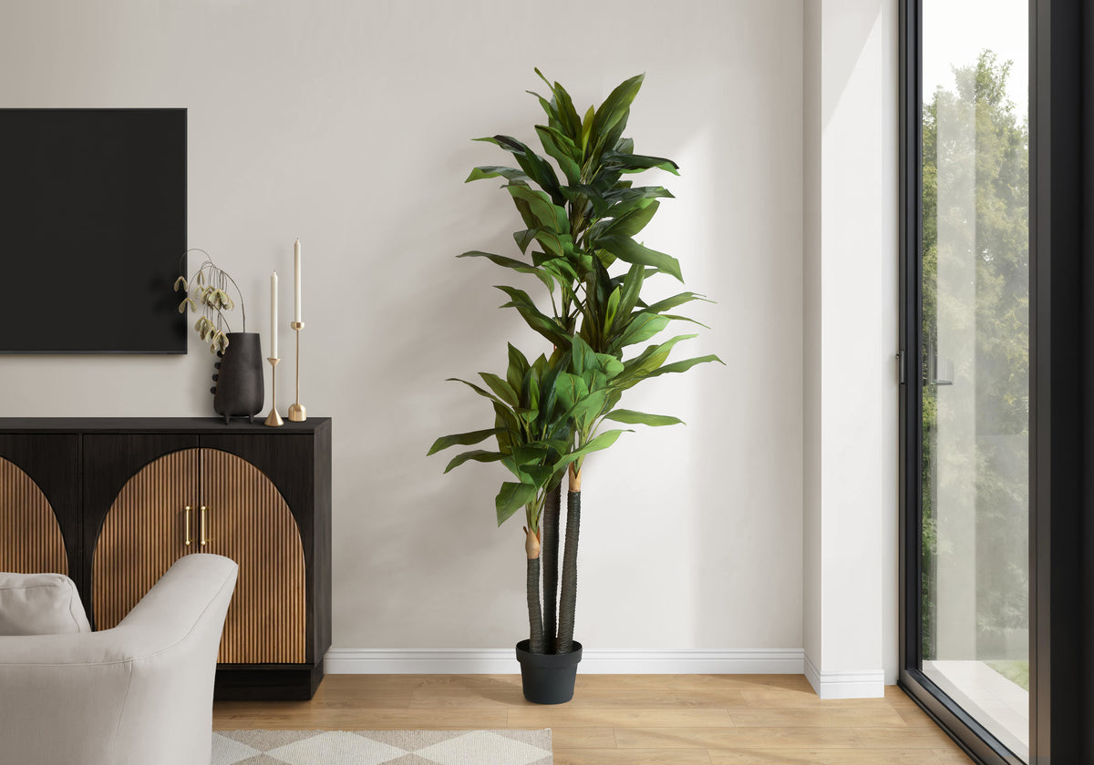 Artificial Plant, 83' Tall, Indoor, Dracaena Tree, Decorative, Faux,  Fake, Floor, Potted, Real Touch, Green Leaves, Black Pot
