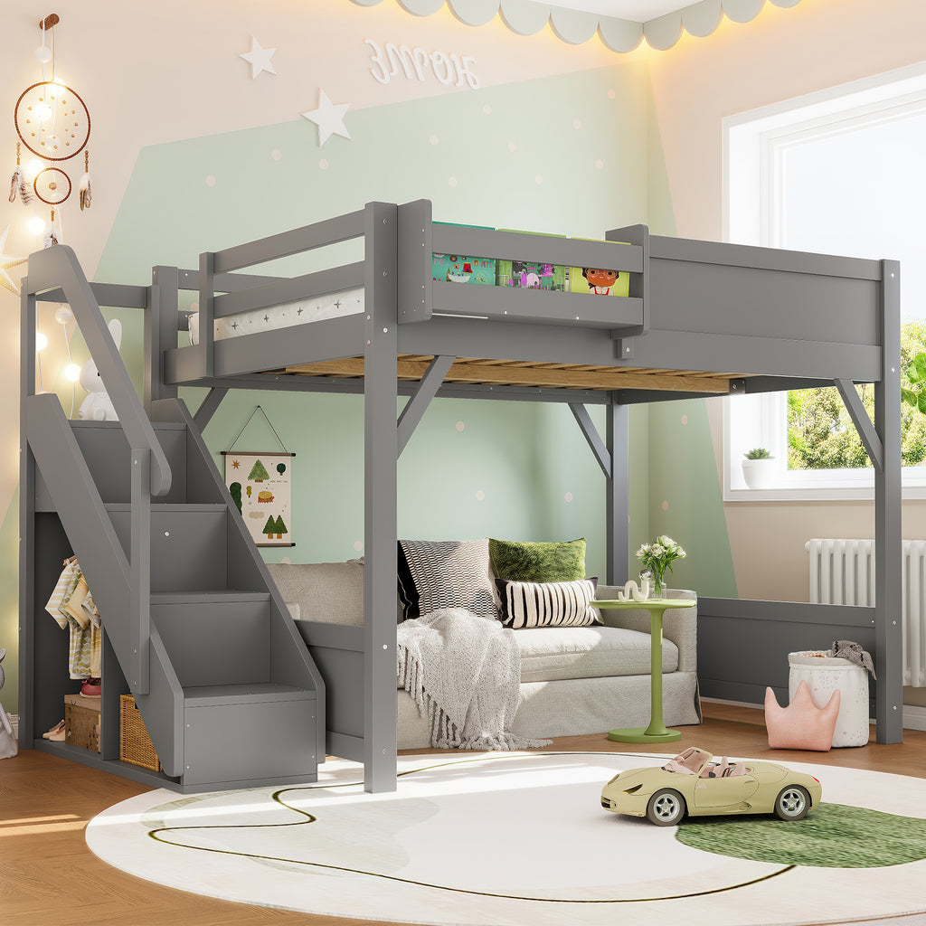 Full Size Loft Bed with Built-in Wardrobe and Storage Space, Solid Wood Loft Bed with Beside Shelves, Full-length Guardrails and Stairs, No Box Spring Needed,  Gray