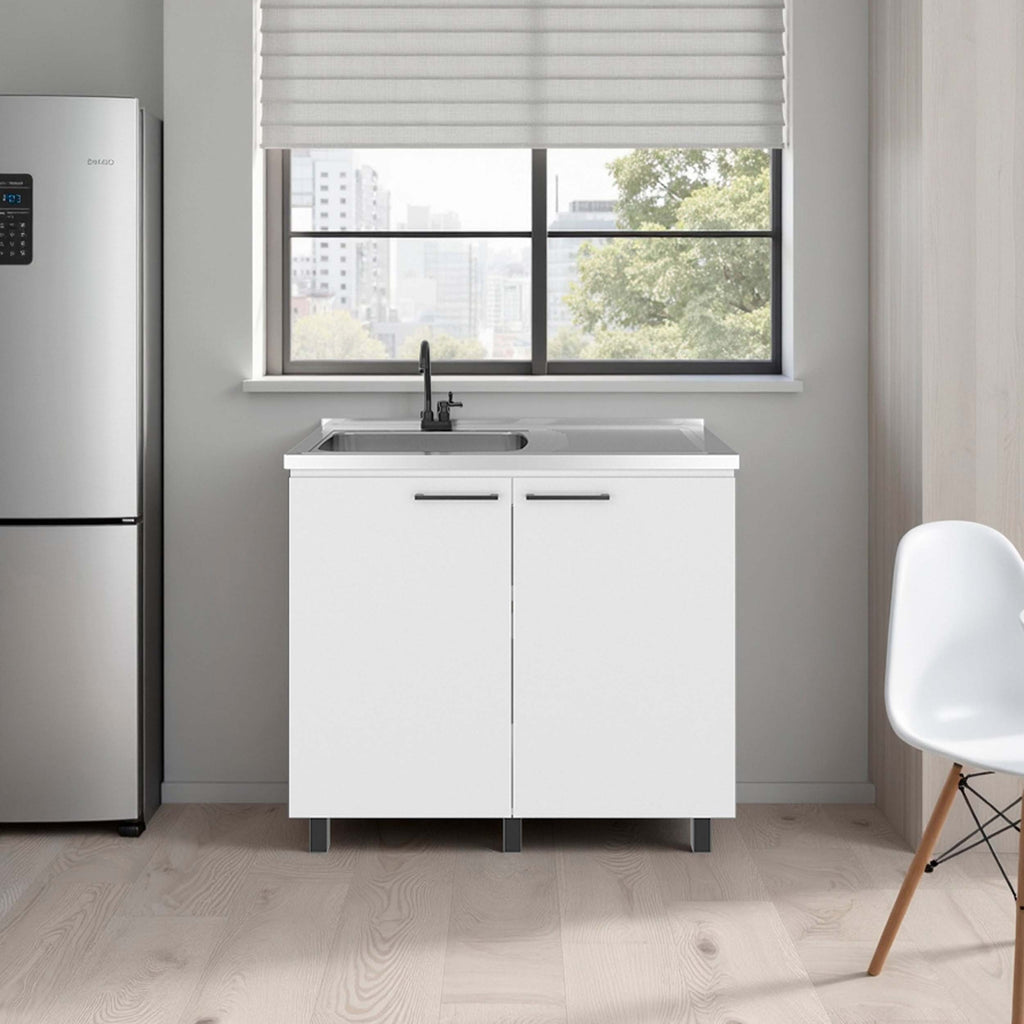 White Utility Sink Cabinet with 2 Doors and 3 Shelf