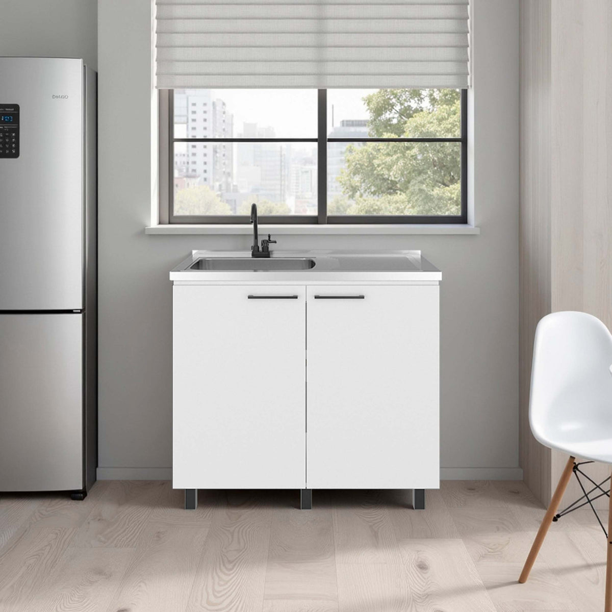 White Utility Sink Cabinet with 2 Doors and 3 Shelf