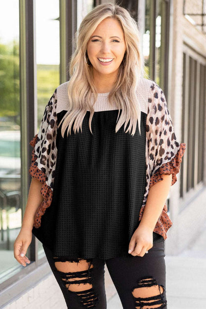 Black Rib Knit Animal Print Ruffle Sleeves Plus Size Top