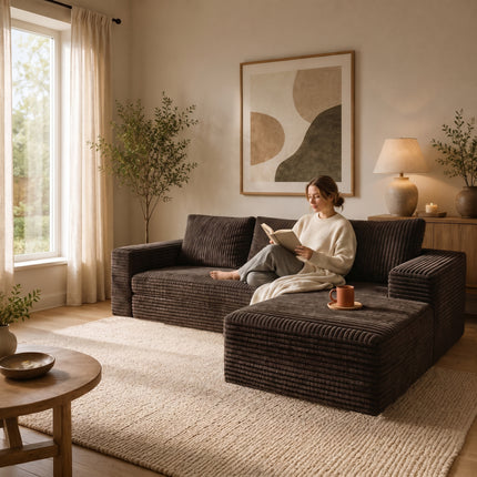 Modern Coffee Corduroy Sectional Sofa with Right-Facing Chaise, L-Shaped Couch with Deep Seats & Soft Cushions, Contemporary Velvet-Like Upholstery for Living Room, Apartment (96.65' W)