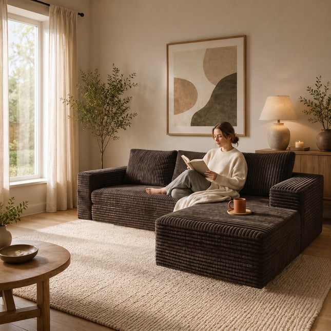 Modern Coffee Corduroy Sectional Sofa with Right-Facing Chaise, L-Shaped Couch with Deep Seats & Soft Cushions, Contemporary Velvet-Like Upholstery for Living Room, Apartment (96.65' W)
