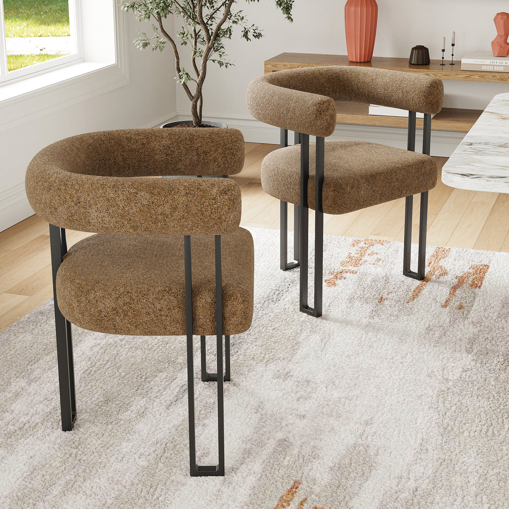Set of 2 Upholstered Dining Arm Chairs, Bouclé Fabric Accent Chairs with Metal Frame, Modern Armchairs with Cushioned Seat & Back, Stain-Resistant, Living Room & Dining Room