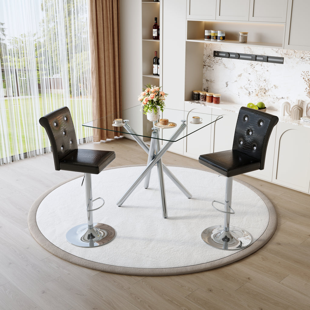 Modern Glass Bar Table and Adjustable Bar Stools Set of 2, Contemporary Counter Height Pub Table with Chrome Legs, Black PU Leather Swivel Bar Chairs for Kitchen Island, Home Bar, Small Space