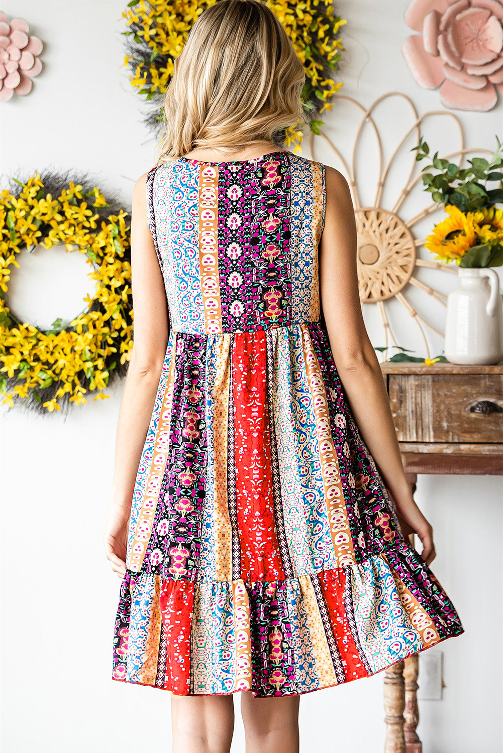 Floral Print Sleeveless Flounce Hem V Neck Short Boho Dress - Eloy Royal