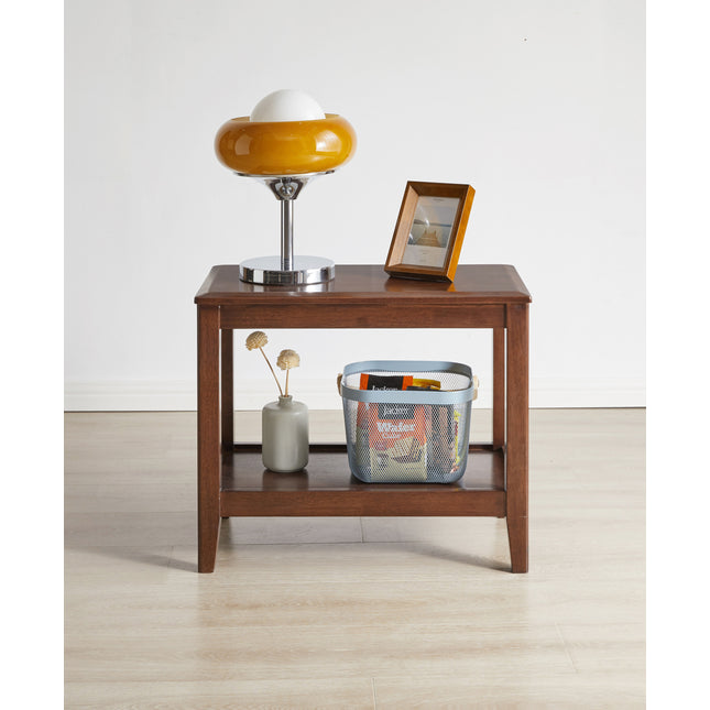 100% Solid Wood Rustic Side Table for Living Room,End Table with Storage Shelf  2-Tier Sofa Table for Living Room, Rubber Wood Indoor Plant Stand