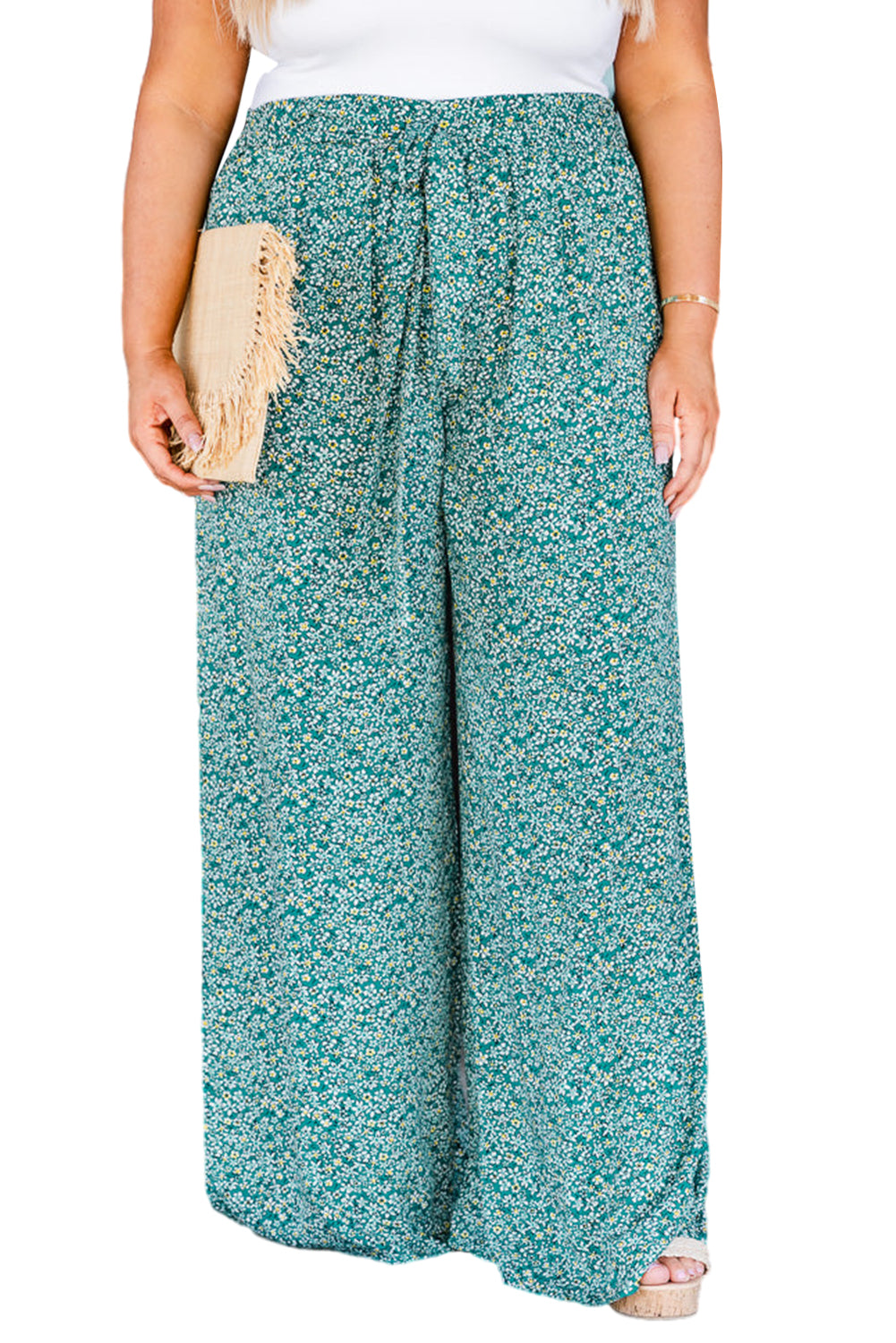 Green Plus Size Floral Tied Waist Wide Leg Pants - Eloy Royal