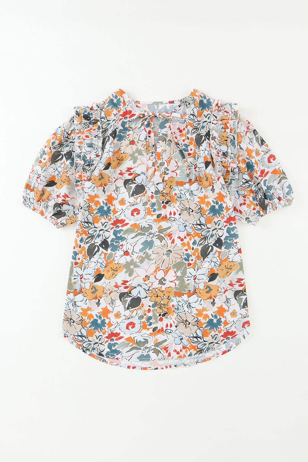 Multicolor Split V Neck Puff Sleeve Floral Print Blouse - Eloy Royal