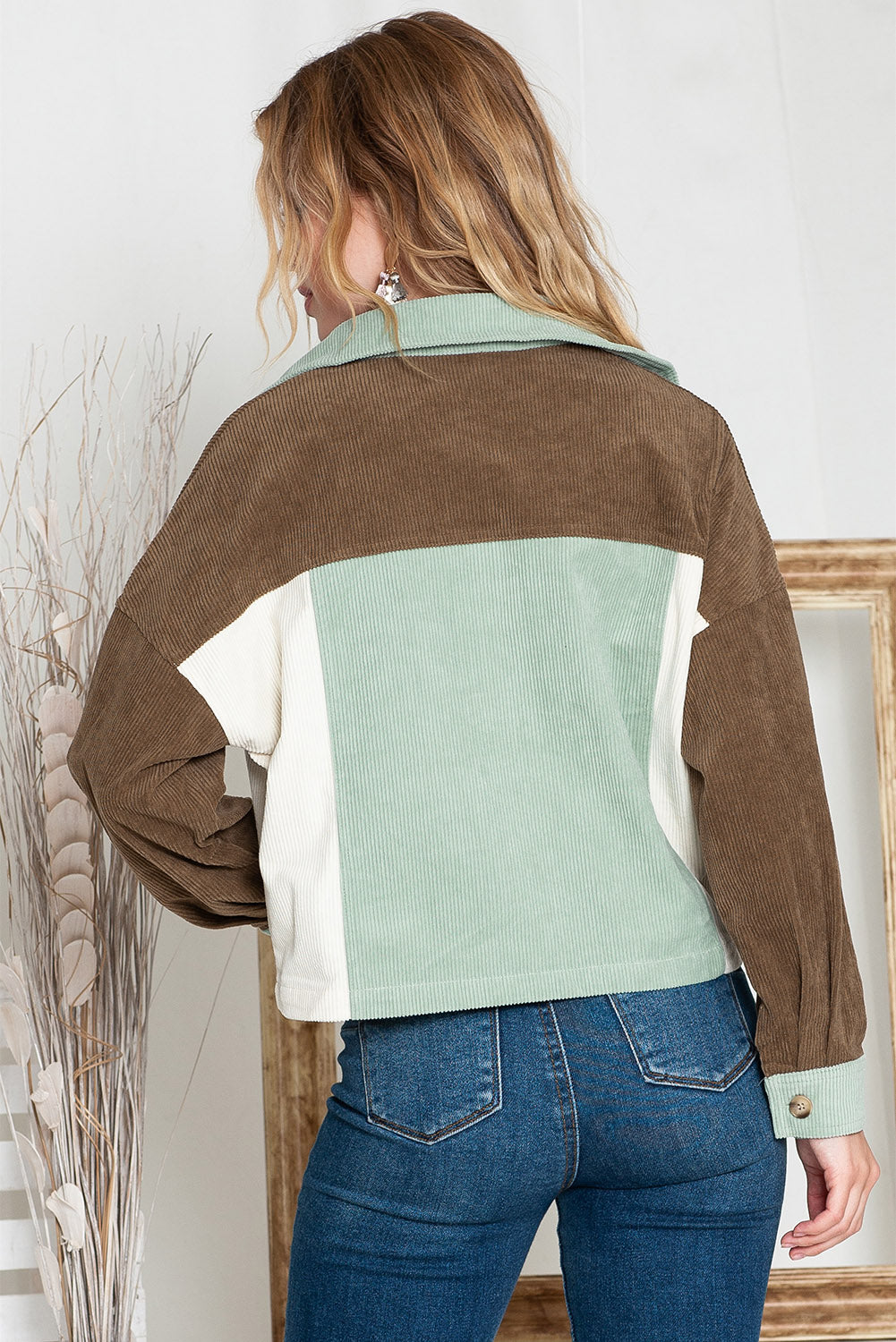 Green Color Block Button Up Cropped Corduroy Jacket - Eloy Royal