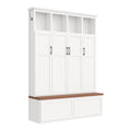 Modern Farmhouse Hall Tree with 4 Hidden Cabinets, Mudroom Coat Rack with Open Shelves, Mid-Century All-in-One Entryway Storage Walnut Bench with Drawers & 6 Hooks for Hallway, White