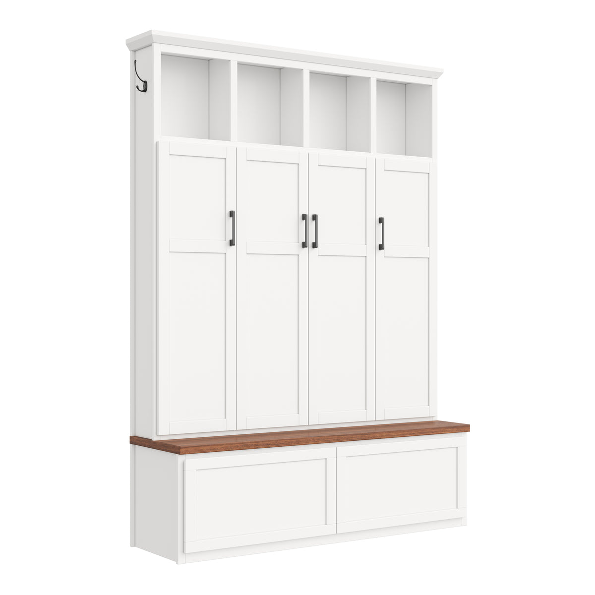 Modern Farmhouse Hall Tree with 4 Hidden Cabinets, Mudroom Coat Rack with Open Shelves, Mid-Century All-in-One Entryway Storage Walnut Bench with Drawers & 6 Hooks for Hallway, White