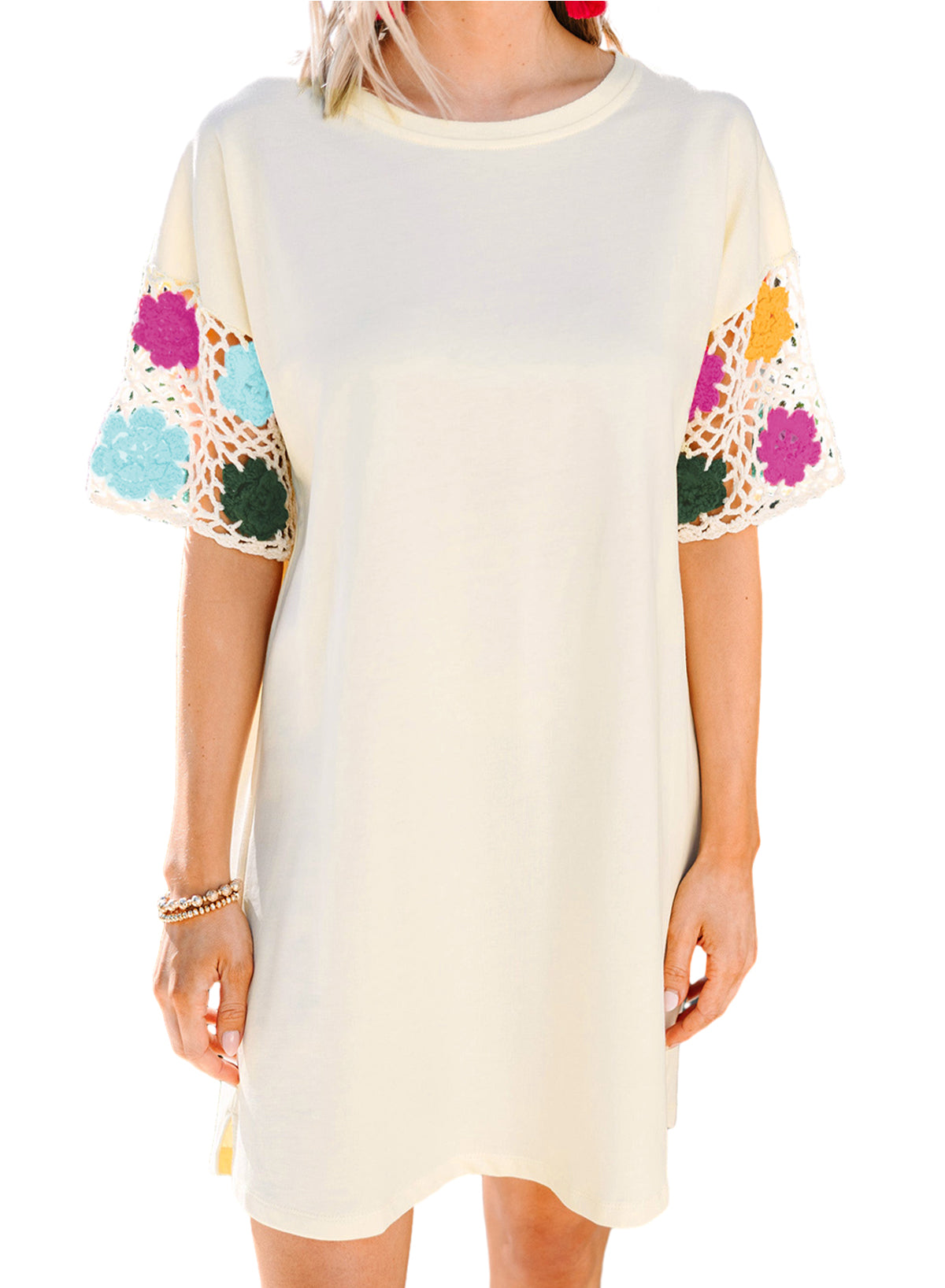 White Floral Crochet Splicing Sleeve T-shirt Dress - Eloy Royal