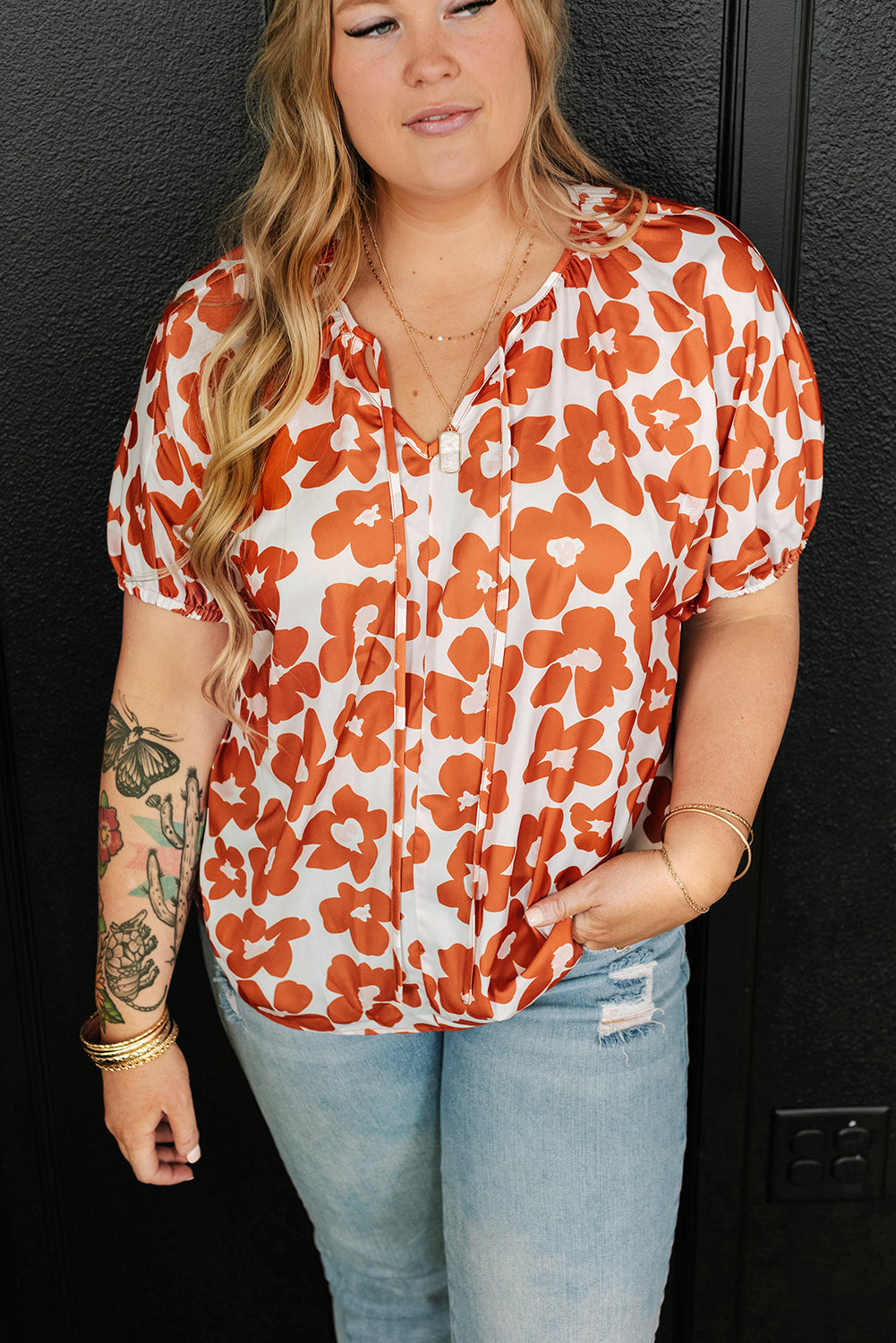 Orange Plus Size 60s Floral Print Drawstring V Neck Short Sleeve Blouse - Eloy Royal