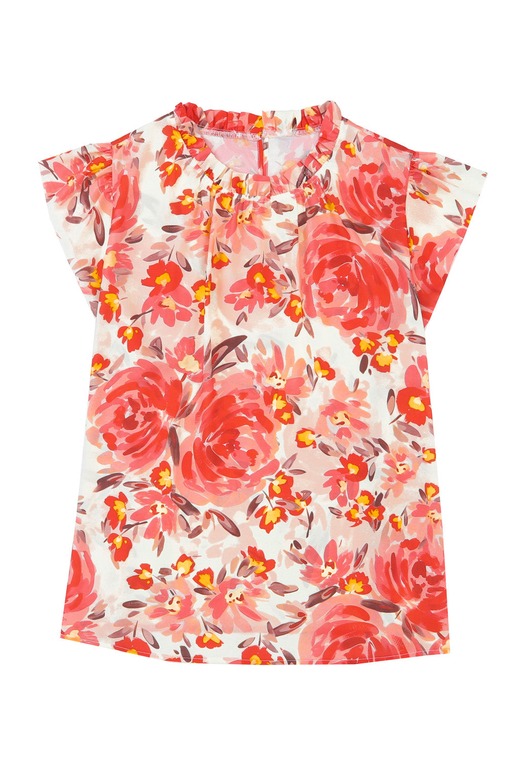 Red Plus Size Watercolor Floral Print Frill Neck Blouse - Eloy Royal