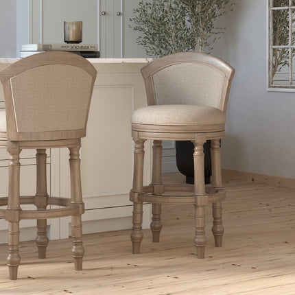 31' Wood Barrel-Back Bar Stool with Swivel and Upholstered Seat and Back, Uptown Gray with Beige Seat and Back, 1PC