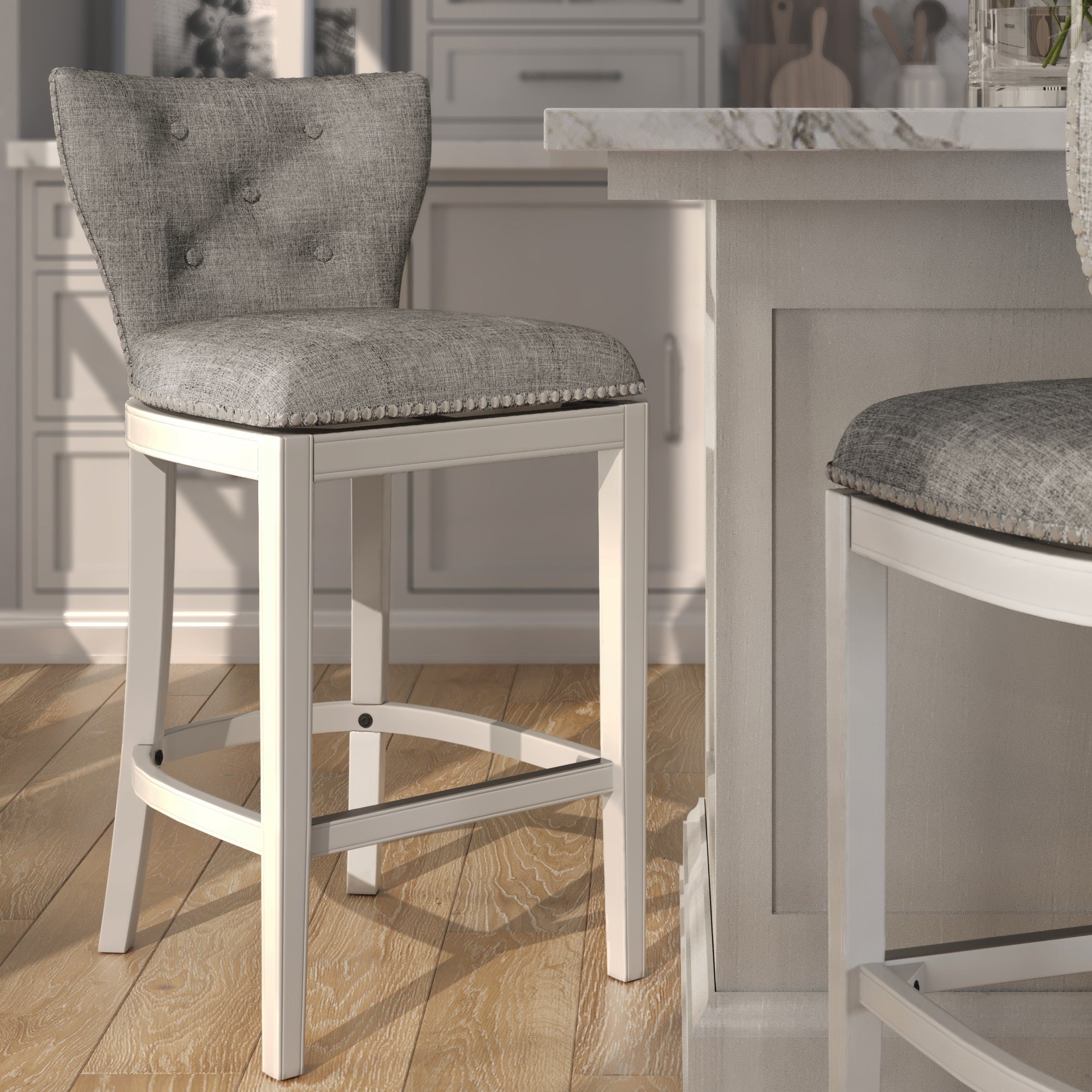 Stella 31' Upholstered Bar-Height Swivel Bar Stool with Back, White with Gray Upholstery