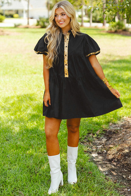 Black Sequin Trim Bubble Sleeve Tiered Mini Dress - Eloy Royal