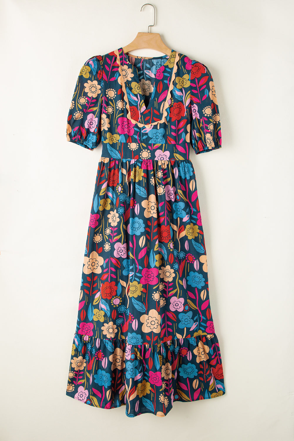 Green Floral Print Split V Neck Puff Sleeve Maxi Dress - Eloy Royal