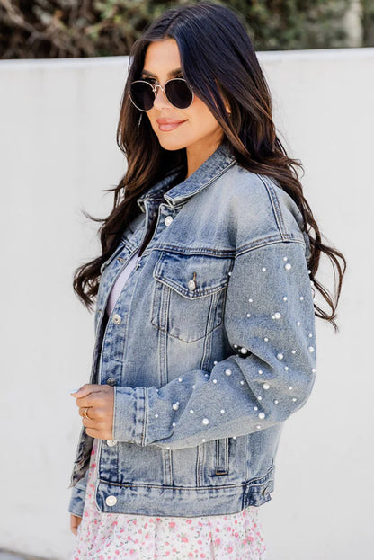 Wholesale Sky Blue Pearl Beaded Chest Pockets Buttoned Denim Jacket - Eloy Royal