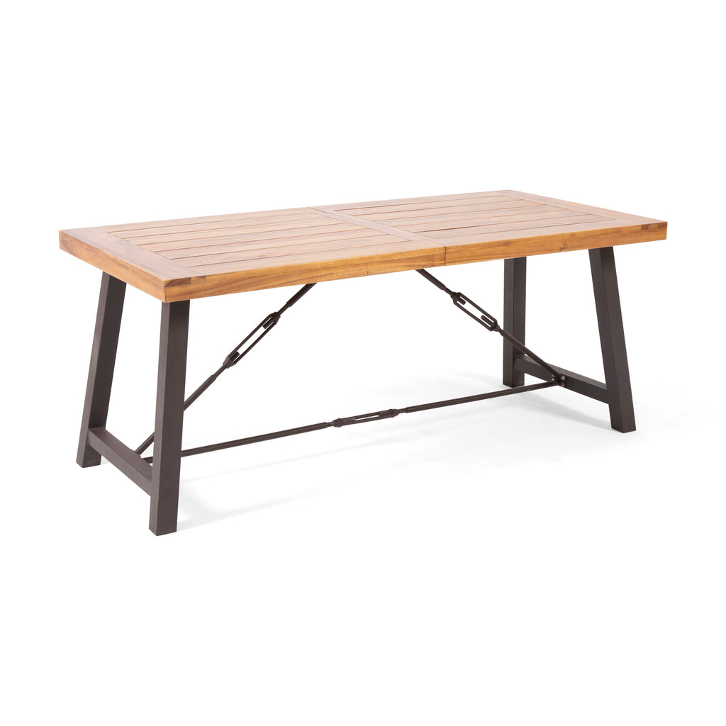 Outdoor Dining Table with Slat Wooden Panel and Turnbuckle Accents, Teak