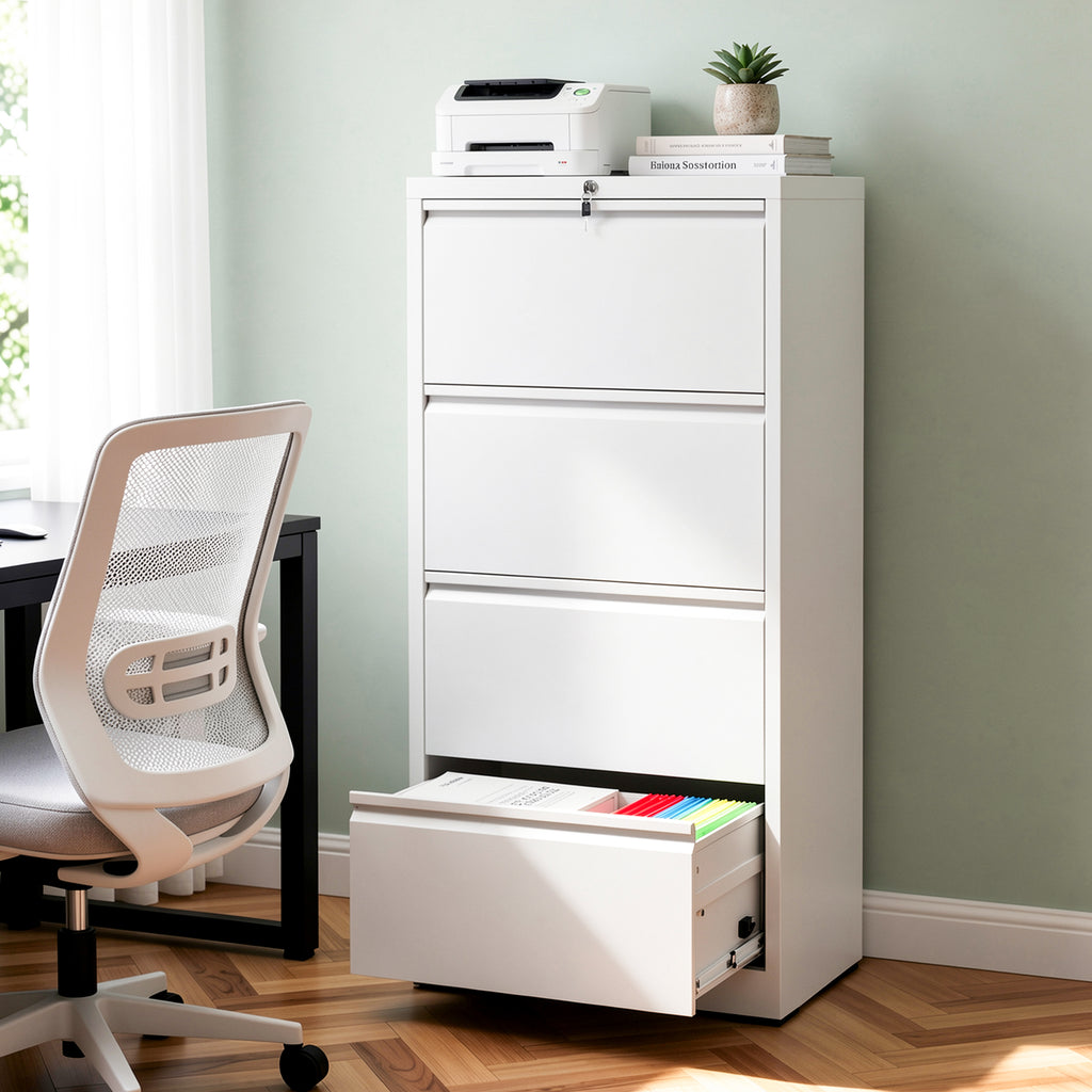 4 Drawer Lateral File Cabinet with Lock, Metal Lateral Filing Cabinet for Home Office, Steel Wide Horizontal Filing Cabinets for Letter/Legal/A4/F4 Hanging Files (White)