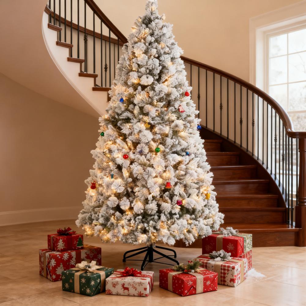 Christmas Tree,Flocked Artificial Christmas Tree with Clear Lights, Tips, Metal Stand for Home