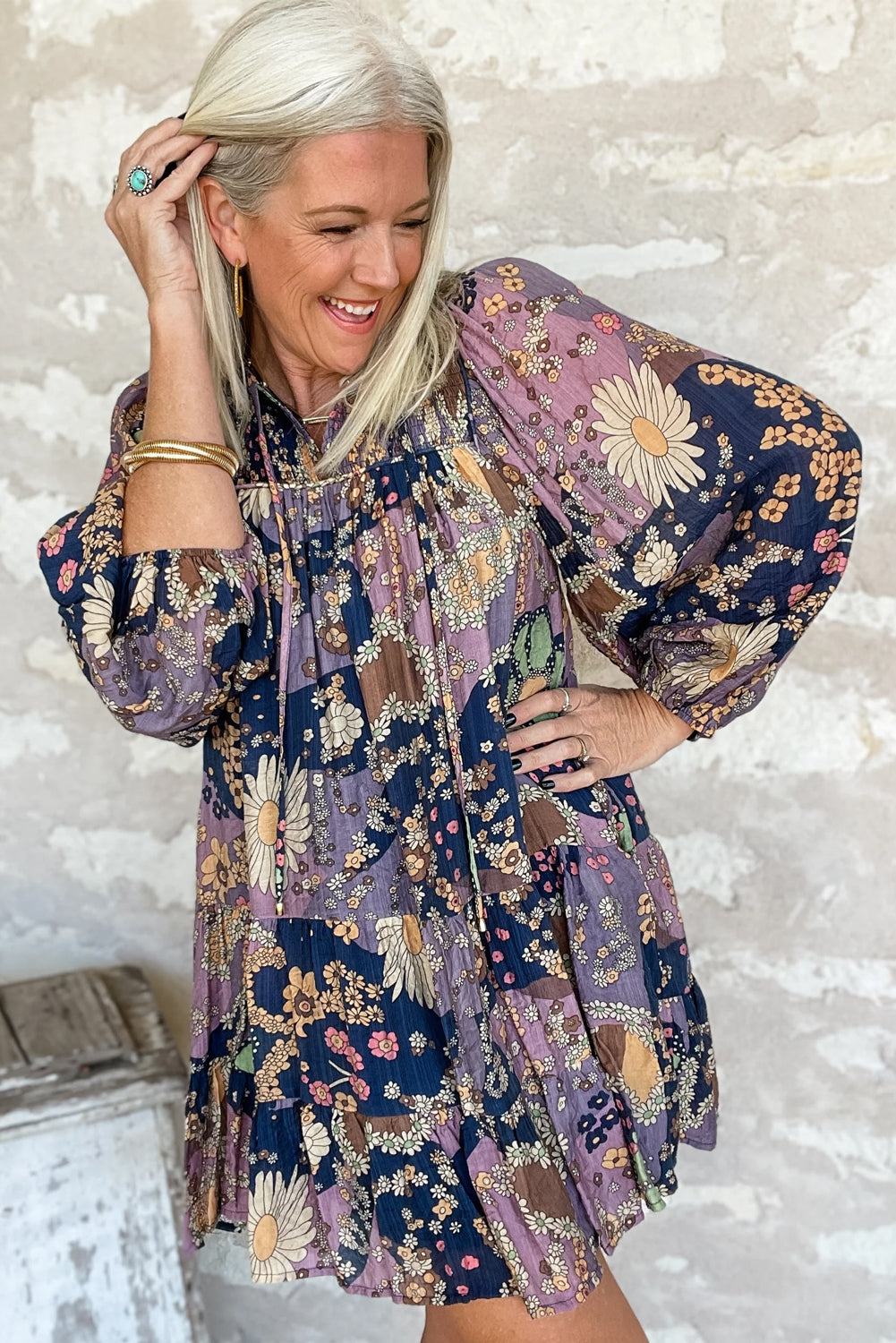 Purple Boho Floral Print Puff Sleeve Flowy Mini Dress - Eloy Royal