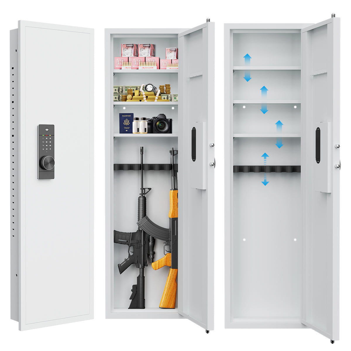 53' Passwod Touch Panel In-Wall Safe,Hidden Wall Gun Safe for Rifles with Adjustable Shelves,Assembled Storage Multifunctional Wall Safe for Firearm and Valuables (White-Digital)