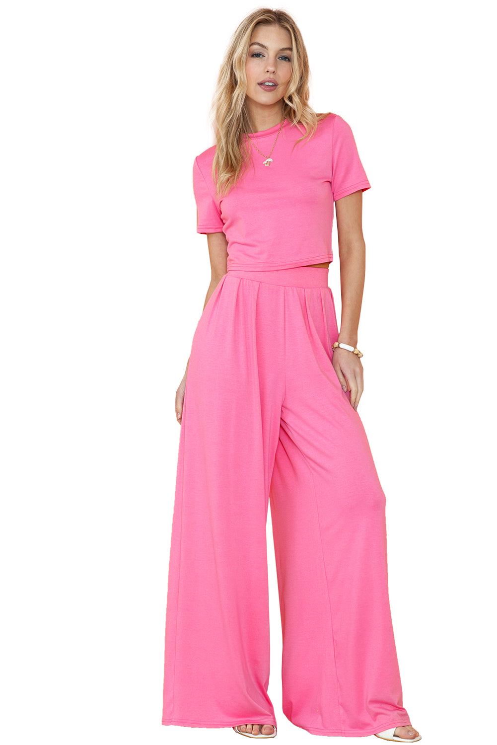 Strawberry Pink Plain Slim Fit Crop Top And Wide Leg Pants Set - Eloy Royal