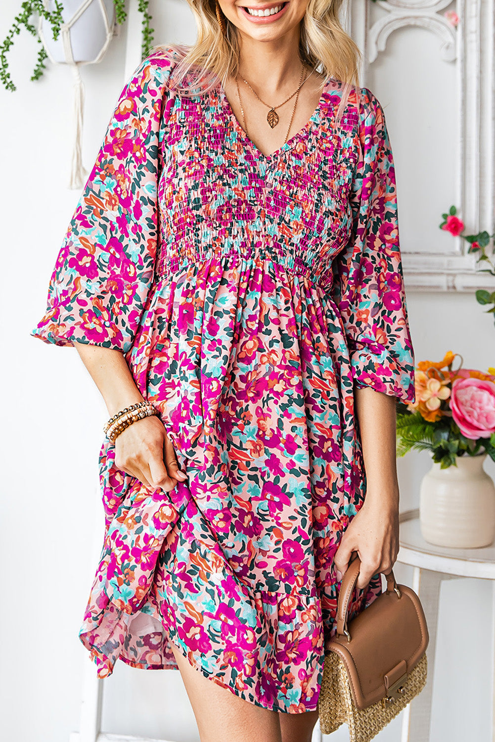 Purple Floral Print Long Sleeve Flounce Hem V Neck Smocked Dress - Eloy Royal