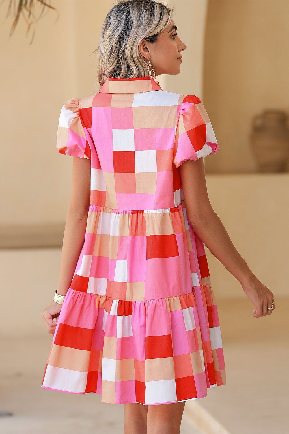 Pink Colorblock Plaid Puff Sleeve Tiered Mini Dress - Eloy Royal