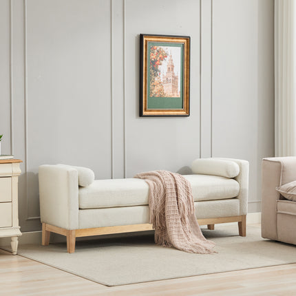 66.34'W Upholstered End of Bed Bench with Natural Finish Wood Frame, Daybed, Footrest Stool Ottoman with Arms & Wood Legs & 2 Bolsters for Bedroom, Window, Living Room, Entryway, Hallway,Ivory Boucle