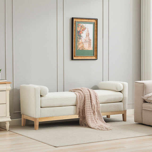 66.34'W Upholstered End of Bed Bench with Natural Finish Wood Frame, Daybed, Footrest Stool Ottoman with Arms & Wood Legs & 2 Bolsters for Bedroom, Window, Living Room, Entryway, Hallway,Ivory Boucle