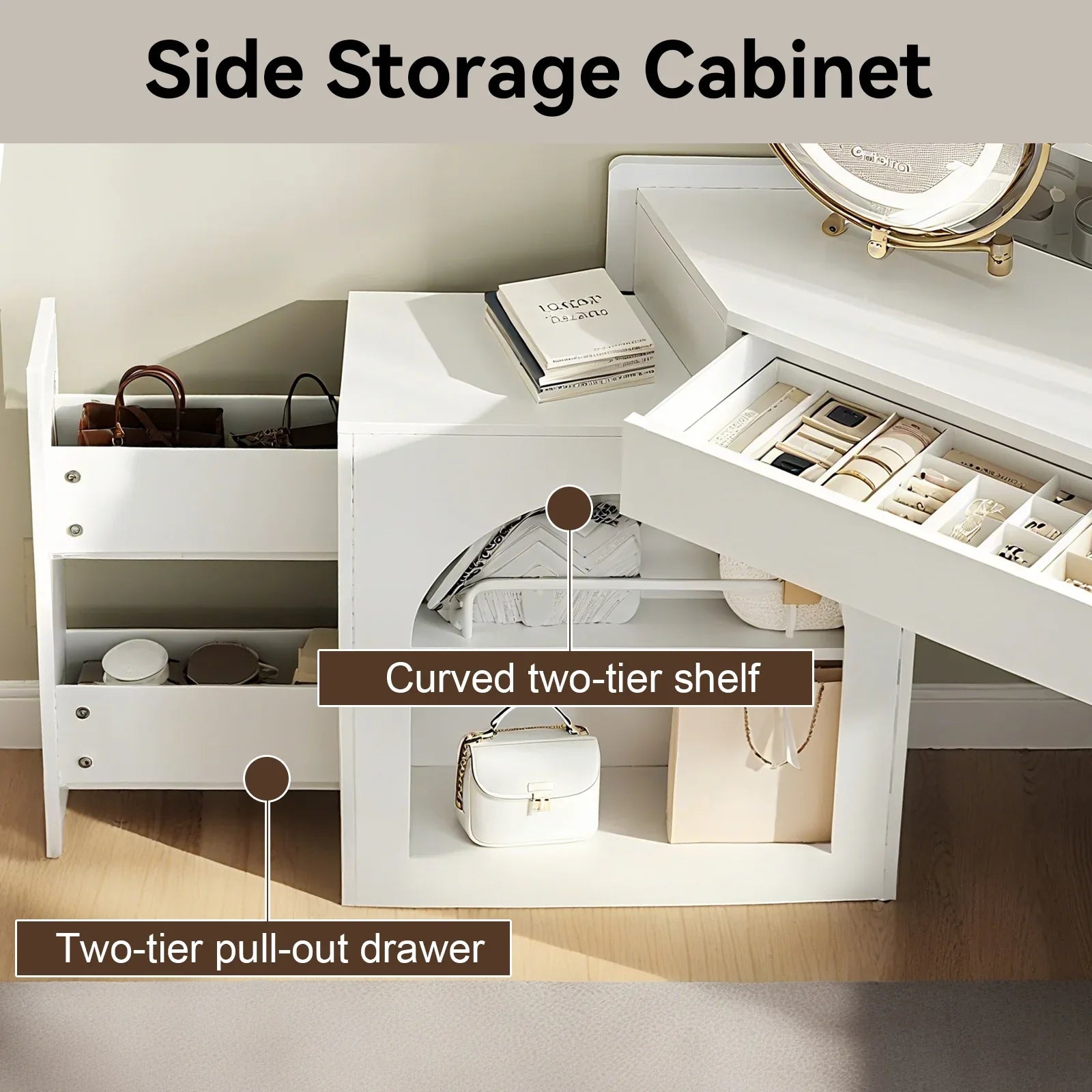 Corner Makeup Vanity Desk With Mirror & LED Lights, Modern Vanity Set With Mirror And Stool, Dressing Table With Large Storage For Small Place, Brightness Adjustable Folding Mirror, White - Eloy Royal