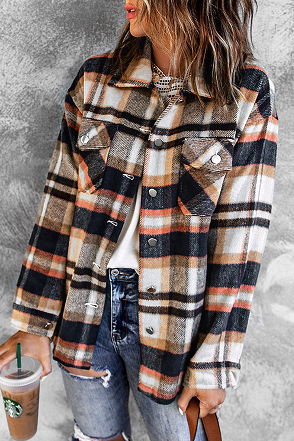 Wholesale Brown Plaid Button Up Long Sleeve Flannel Shacket - Eloy Royal