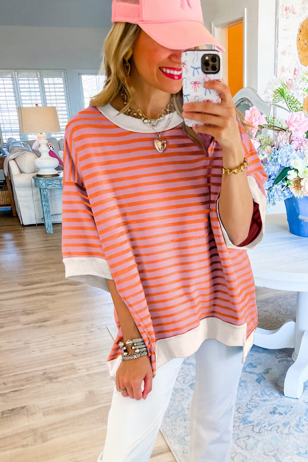 Pink Stripe Colorblock Drop Sleeve Loose Top - Eloy Royal