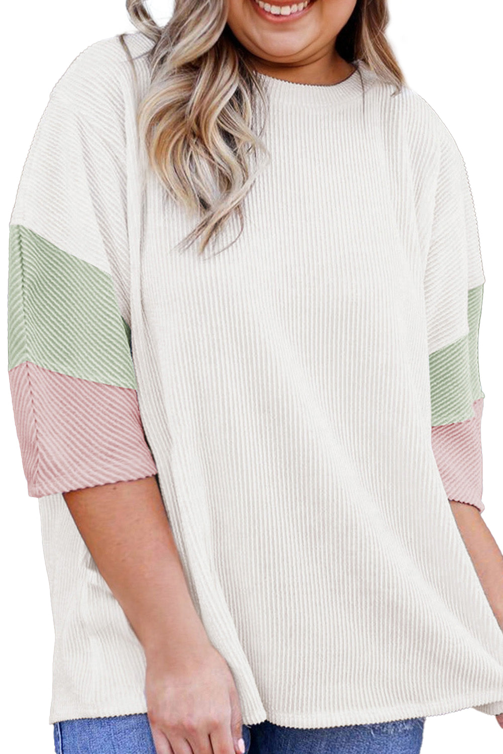 White Textured Colorblock Patchwork Half Sleeve Plus T Shirt - Eloy Royal