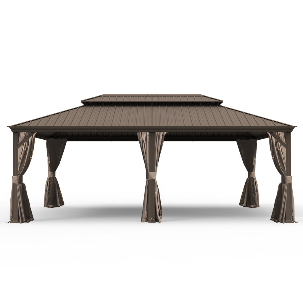 14' X 24' Hardtop Gazebo, Upgraded Metal Gazebo with Drainage System, Dual-Layer Galvanized Steel Roof, Curtain and Netting, Outdoor Shelter Canopy for Patio, Garden, and Backyard, Brown