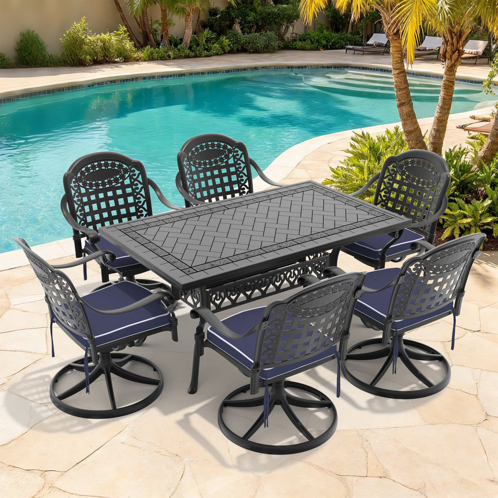 7-Piece All-Weather Cast Aluminum Dining Set, Include 6 Swivel Chairs and Rectangular Table With Black Frame