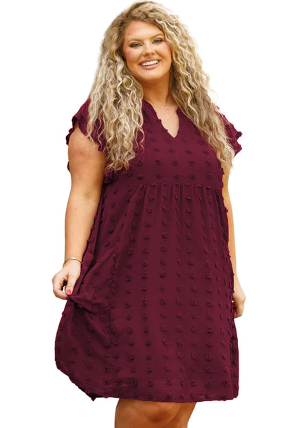 Burgundy Plus Size Swiss Dot Ruffled Sleeve V Neck Dress - Eloy Royal