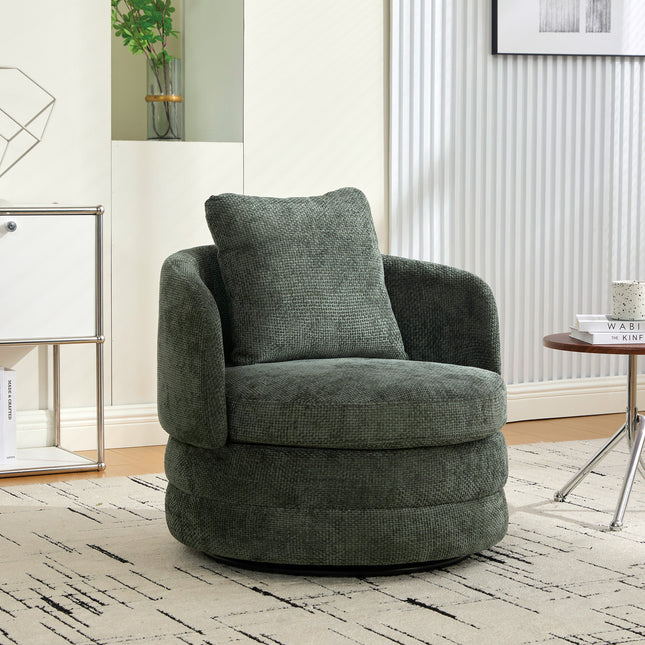 30'W Modern Round 360° Swivel Barrel Accent Chair with Pillow, Chenille Upholstered Comfy Barrel Armchair Single Club Sofa Chair for Living Room,Bedroom, Reading Room, Balcony, Lounge, Green